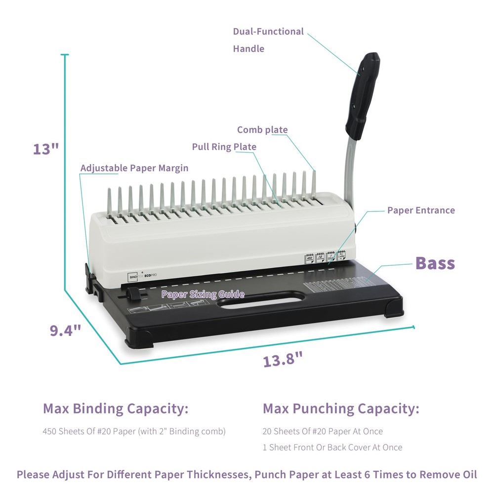Binditek Binding Machine, 19-Hole, 450 Sheets, Comb Binder Machines with 100 PCS