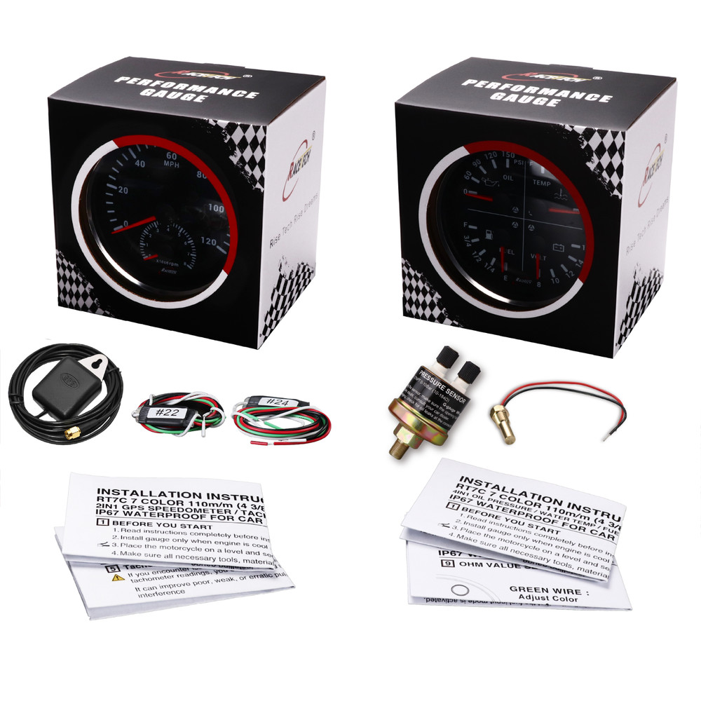 RACETECH 110mm 2 Gauge Set 2in1 GPS Speedometer 120 MPH 4in1 Multi Function