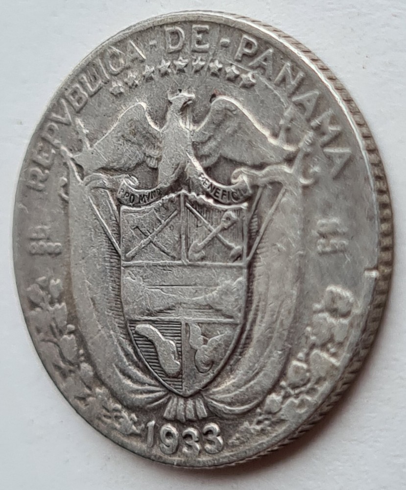 •1933•PANAMA•1/10 BALBOA•SILVER COIN•