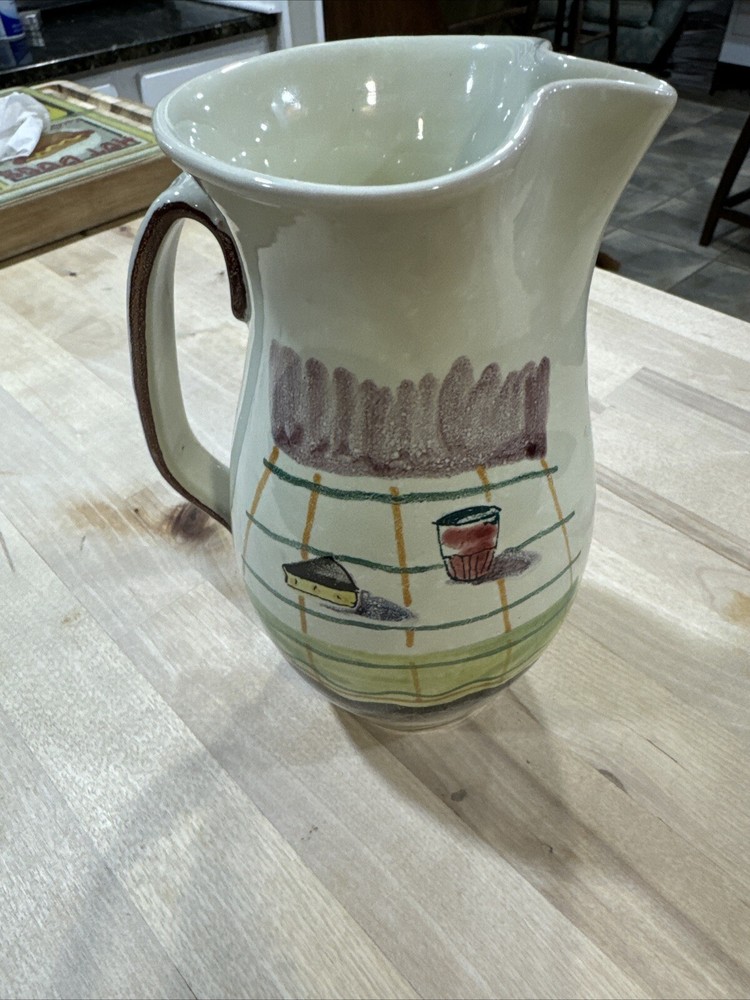 Italy Pottery Pitcher 8” Handle, Wine Picnic Scene