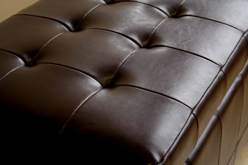Leather Ottoman Storage Bench Rectangle Dark Brown Classic Tufted Dimpled