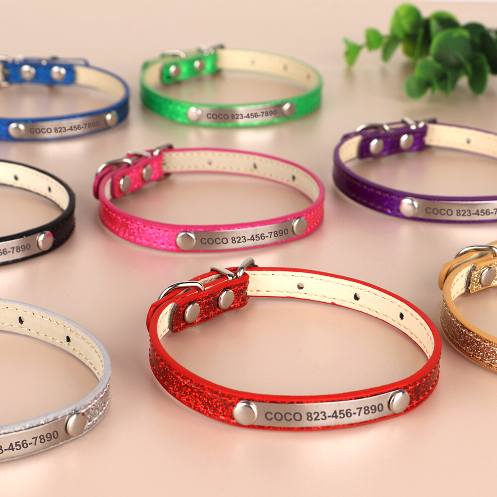 Personalized Dog Collar Bling Sequins PU Leather Engraved Name ID Tag Cat Kitten