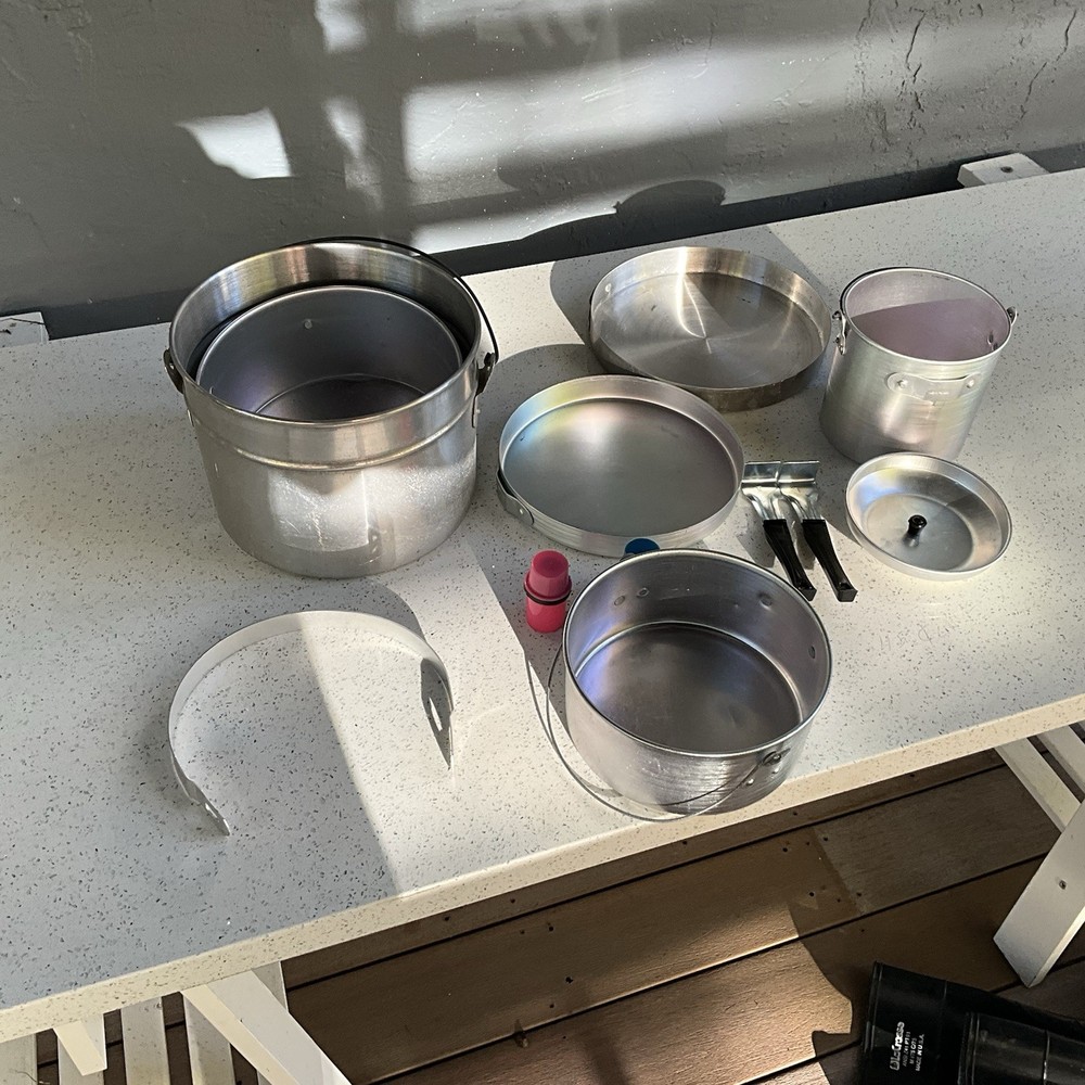 Vtg Aluminum Nesting Camp Cookware Set Coffee Pot Plates Handles