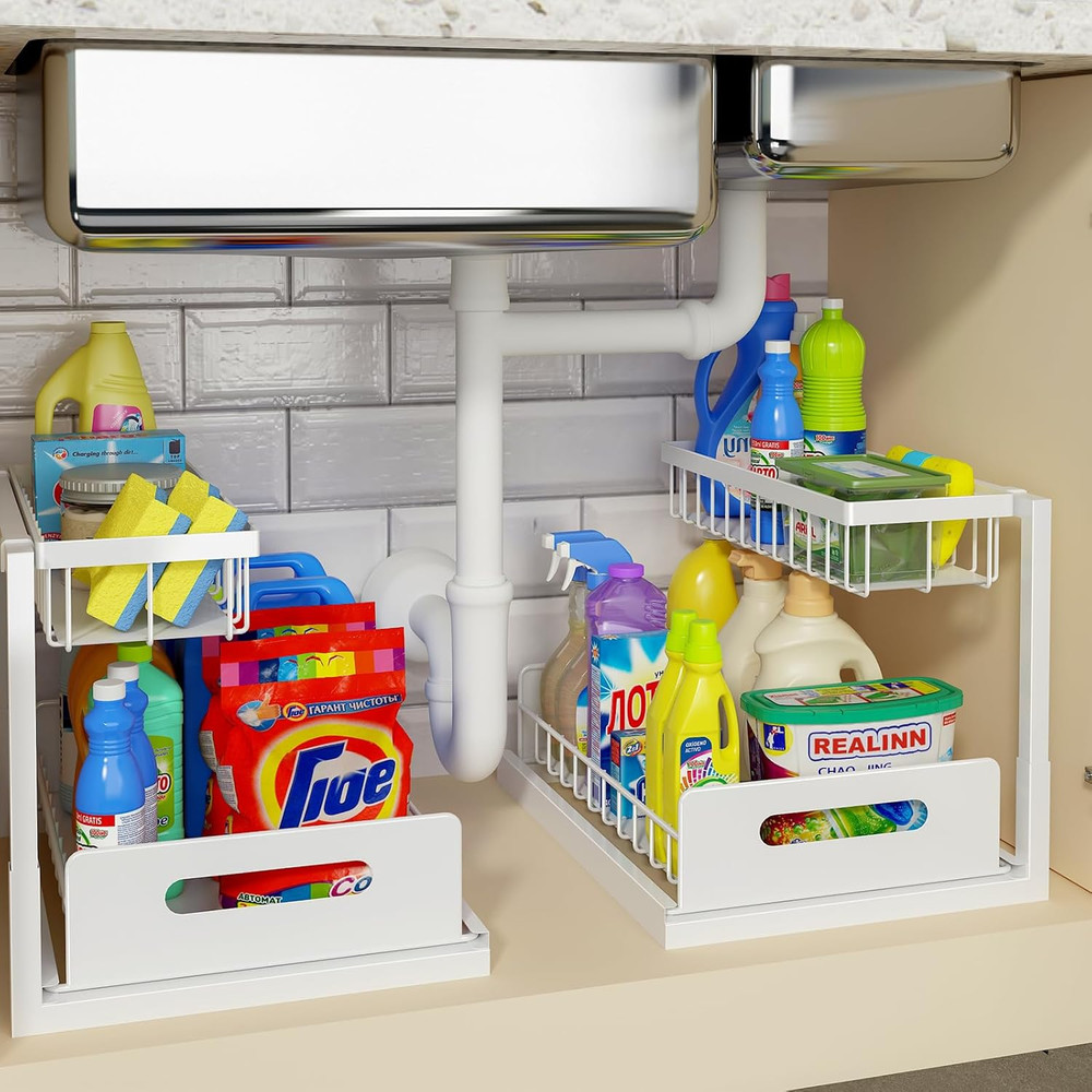 under Sink Organizer, Pull Out Cabinet Organizer, 2 Tier Metal Slide Out Shelf w