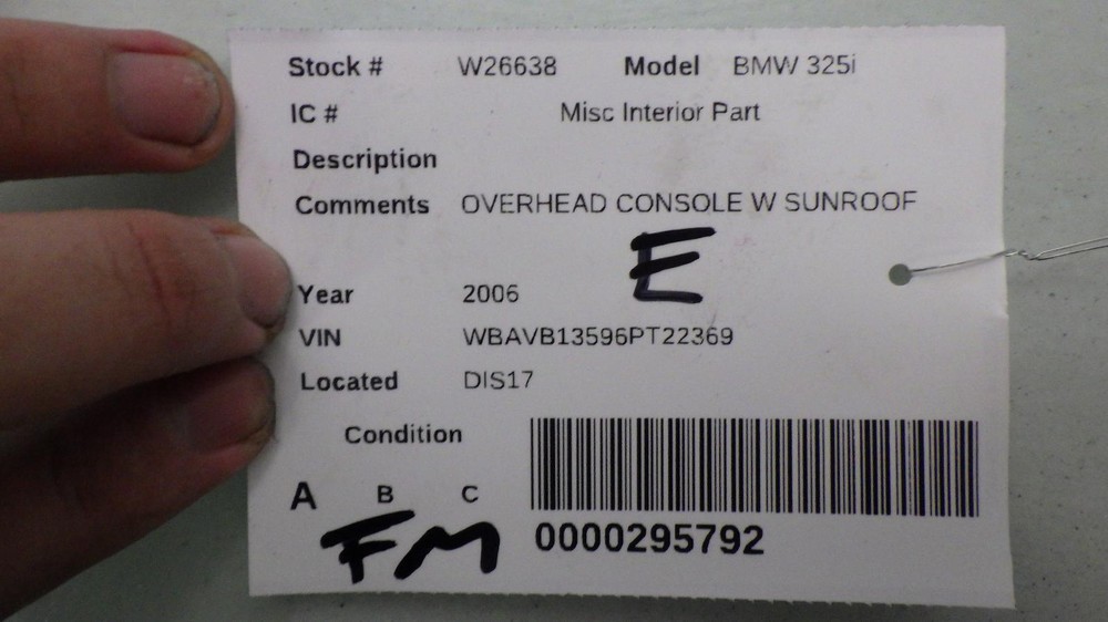 06 BMW 325i OVERHEAD CONSOLE W SUNROOF