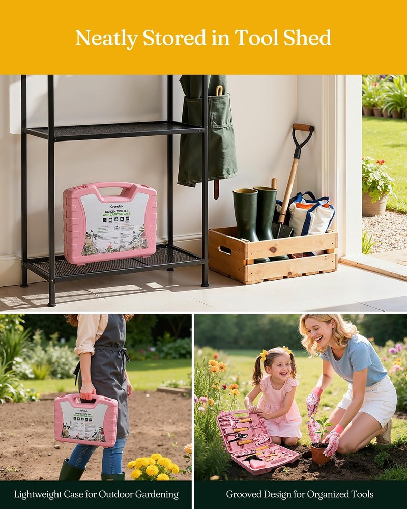 Grenebo 12-Piece Womens Gardening Tools Gift Set, Rust-Proof & Pink