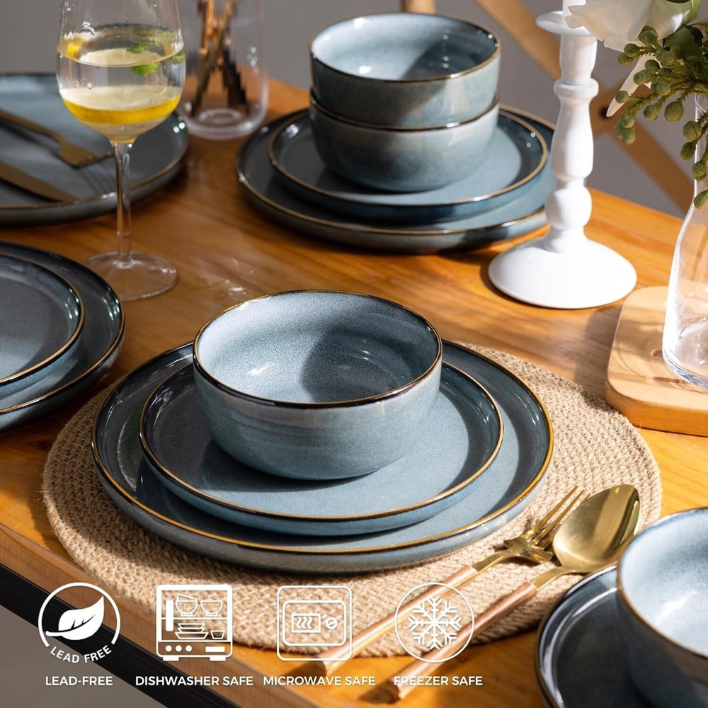 Home 12 Pieces Stoneware Plates & Bowls Set Ceramic Dinnerware Set Service for 4