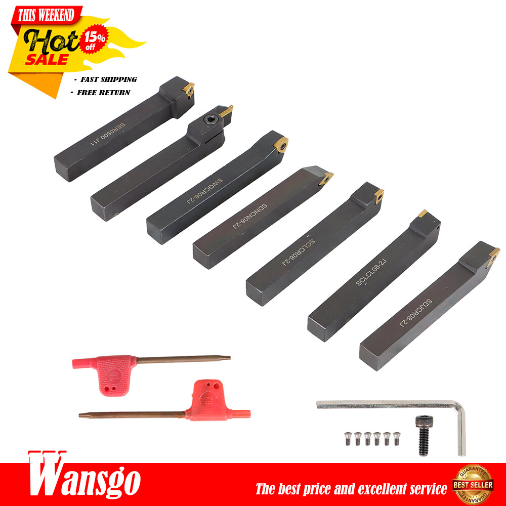 7PC Carbide Indexable Turning Tool 1/2" Lathe Tool Bit Set Thread Insert+Holder