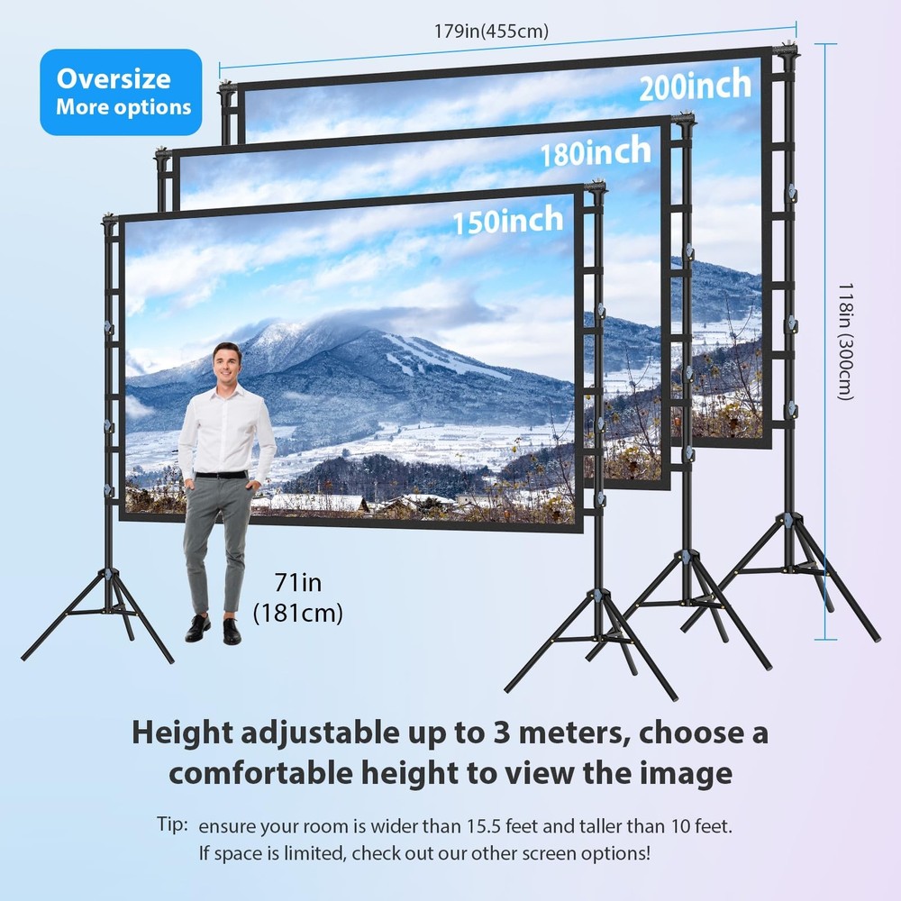200 Inch Projector Screen with Stand VOOPVOR 16ft Portable Large Projection S...