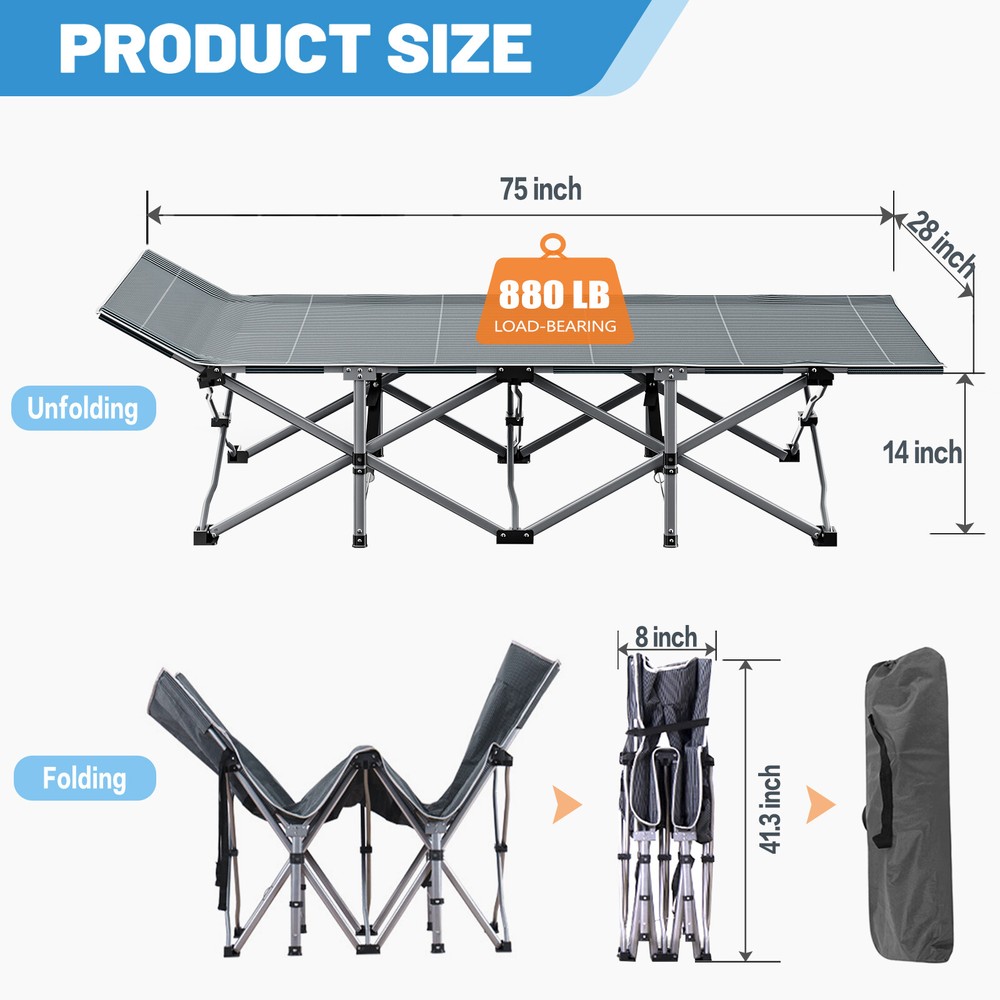 Folding Camping Cot Double Layer Oxford Wide Sleeping Bed w/Carry Bag&2sides Mat