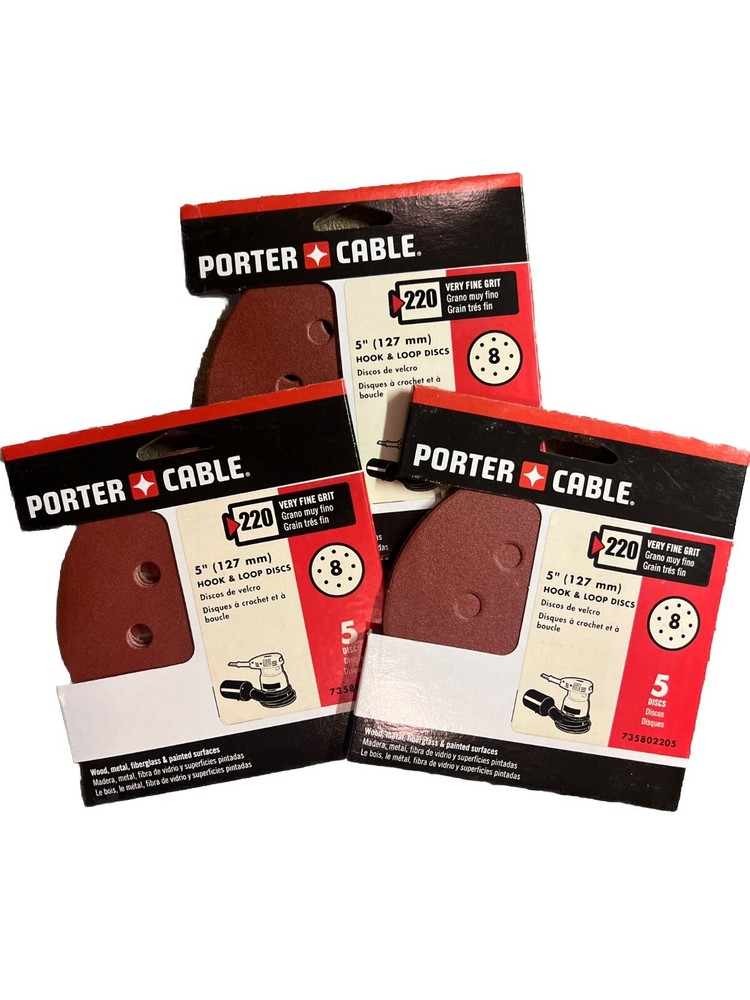 (3) 5 Pack PORTER-CABLE 735802225 5-In 8-Hole Hook & Loop 220 Grit Sanding Discs