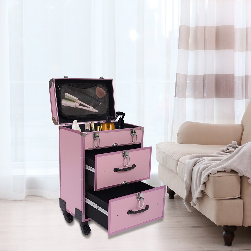 Rolling Makeup Train Case with Drawers Professional Cosmetics Storage Organizer
