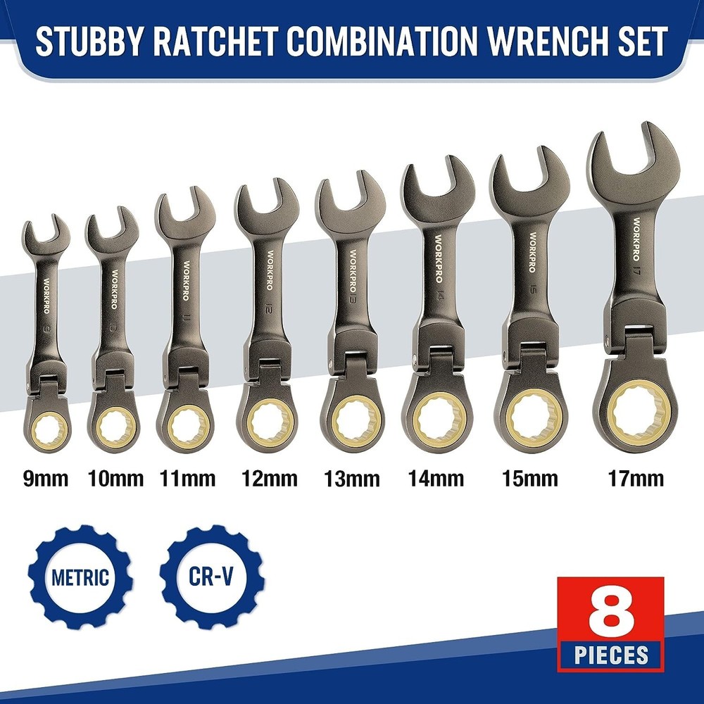 WORKPRO 8-Piece Ratcheting Combination Wrench Set with Rolling Pouch 72-Teeth
