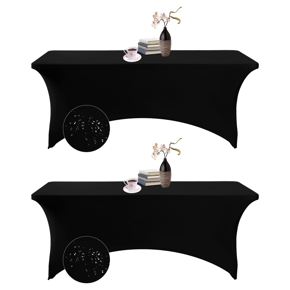 2pack Spandex Waterproof Rectangular Table Covers 6ft Black Stretchable Stain Re