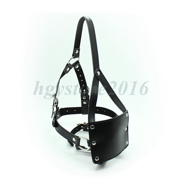 Faux Leather Head Hood Open Mouth Gags Muzzle Strap Half Face Restraint