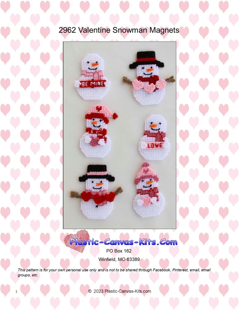 Valentine Snowman Magnets- Plastic Canvas Pattern or Kit