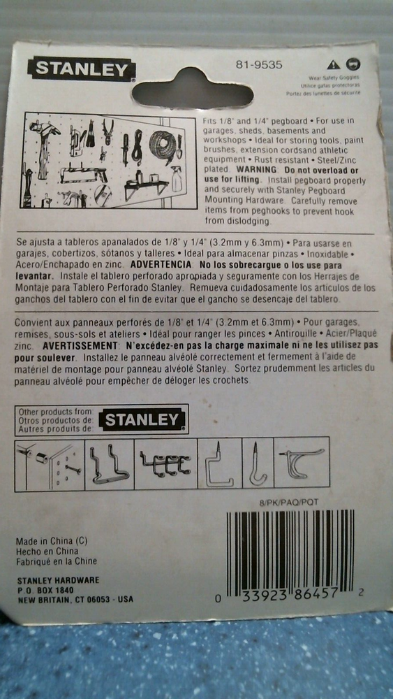 Stanley 1-1/2" Angled Pegboard Hooks (81-9535) FS