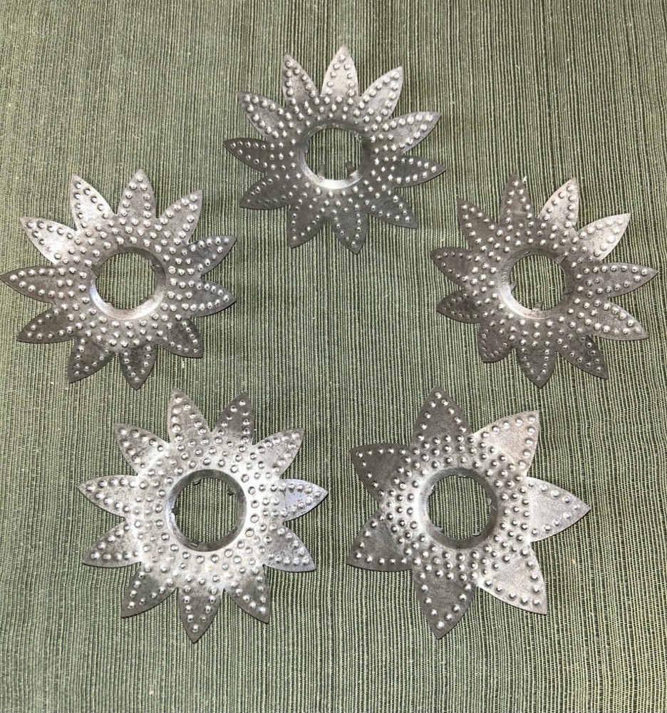 5 Vintage Christmas Silver Tin Flower Design String light Reflectors Covers