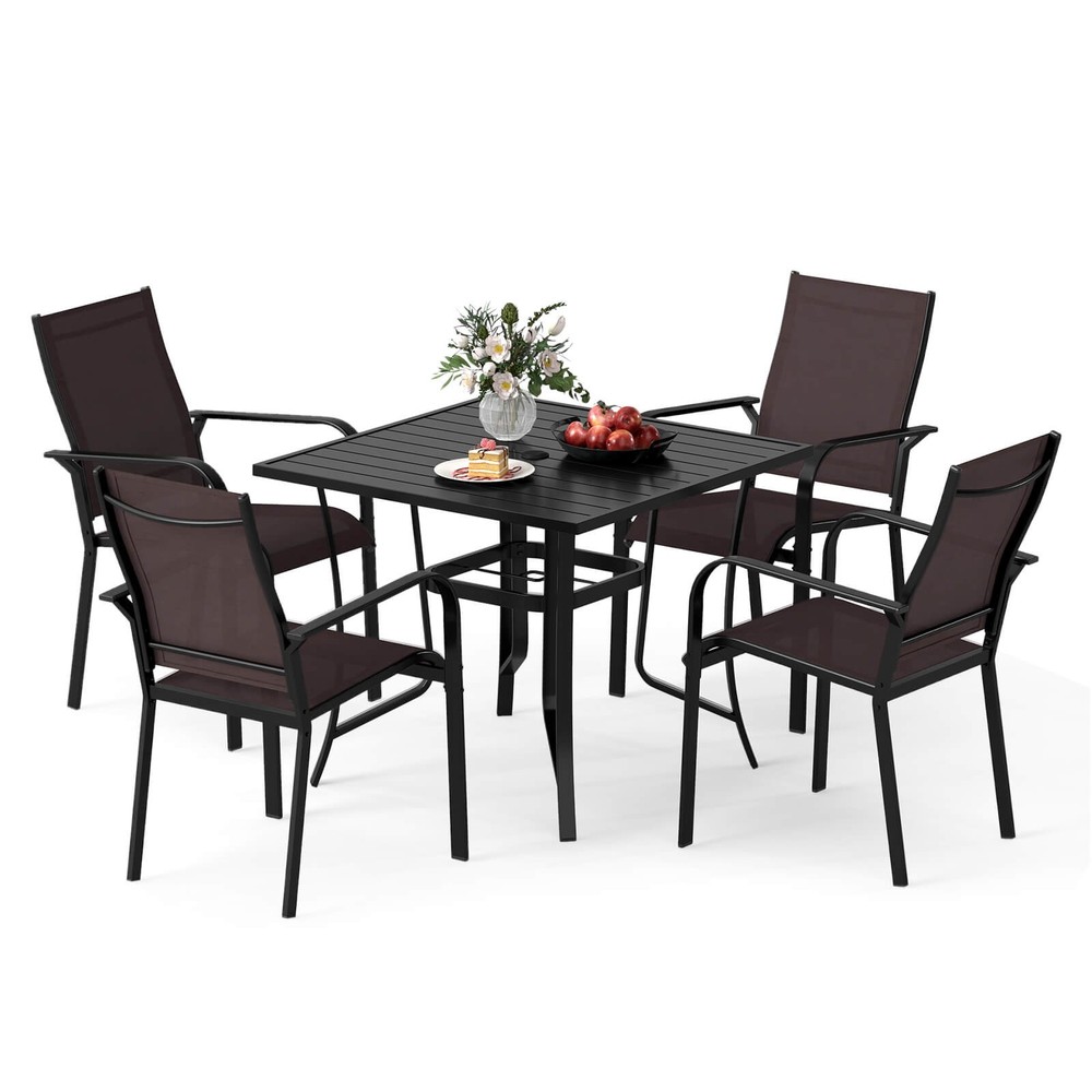 5PCS Patio Dining Set, Outdoor Square Table & Stackable Chairs w/Umbrella Hole