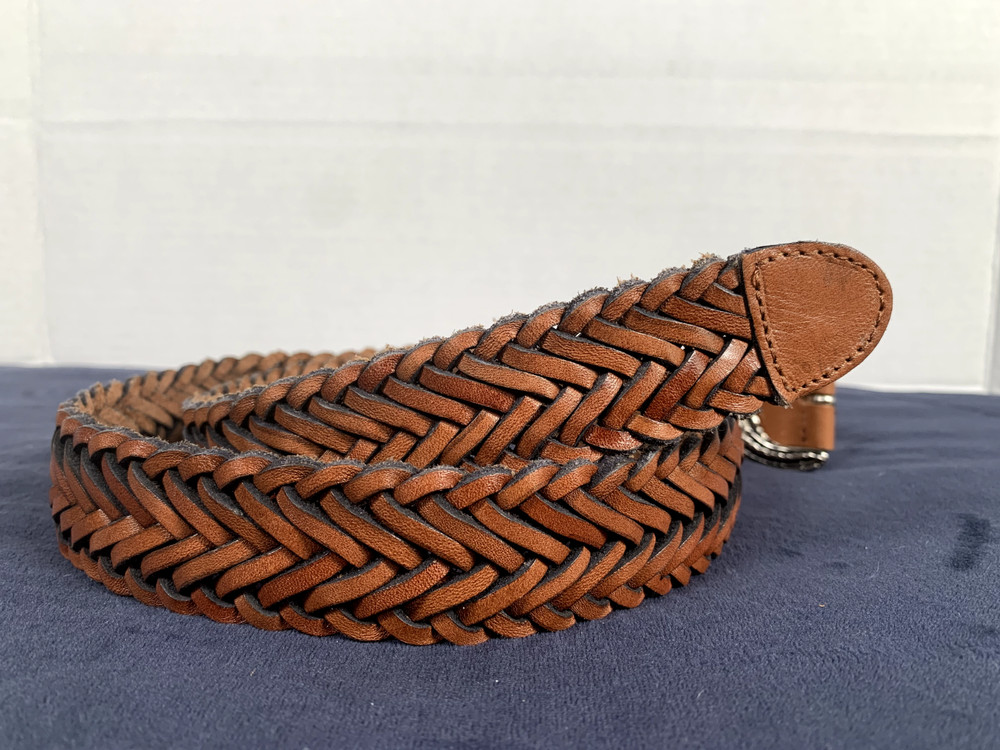 Vintage Womens Braided Belt Leather Brown Medium Solid Silver Tone Buckle Nice