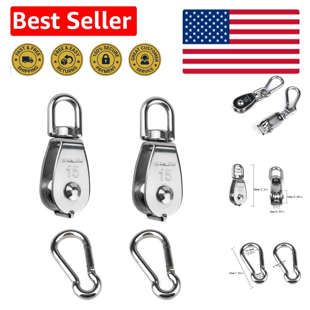 Compact 2PCS 304 Stainless Steel Pulley Blocks with Snap Hooks - Versatile Usage
