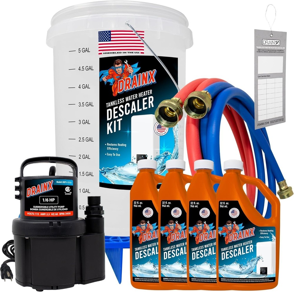 DrainX Tankless Water Heater Flush Kit Includes 4 Quarts Descaling Solution