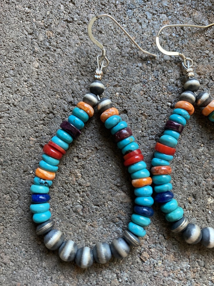 Sterling Silver Multi Stone W Pearls Bead Loop Earrings.