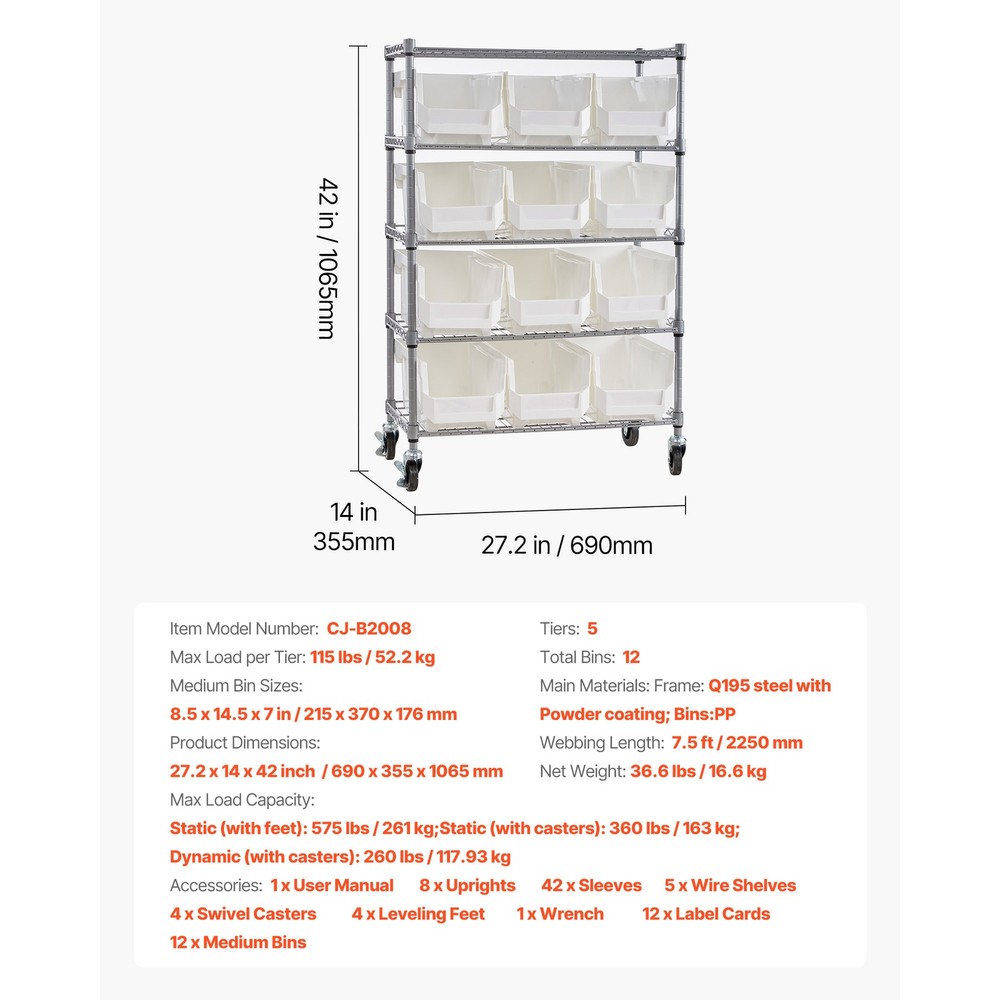 Uimoso 5-Tier Rolling Storage Rack with 12 Removable Bins