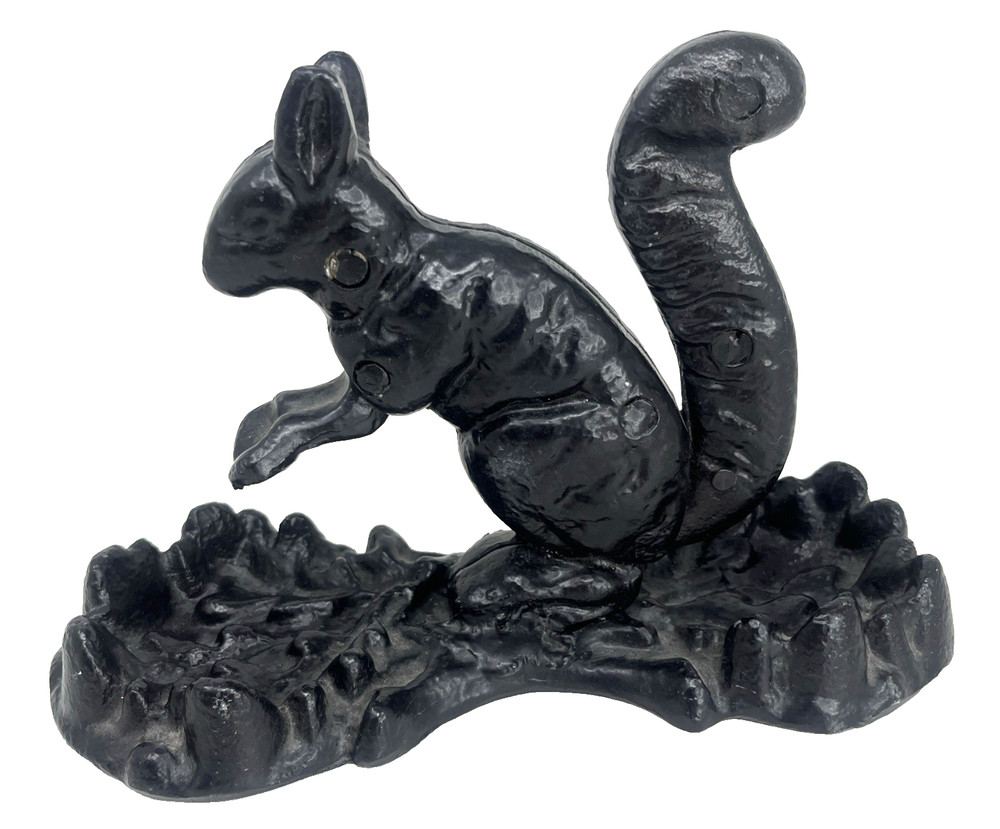Vintage Squirrel Nutcracker on Tray with Tail Handle Pull Black Metal