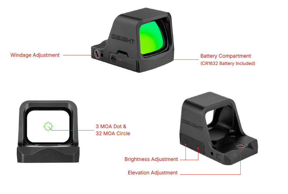 Olight Osight C Green Dot Open Reflex Optic, Replaceable Side-Loading Battery