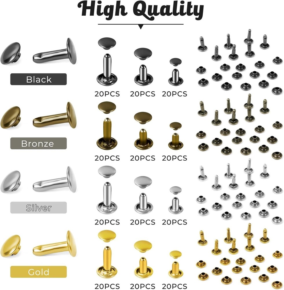 240-Piece Brass Rivets Kit - Durable Leather Studs with Setting Tools for Crafts