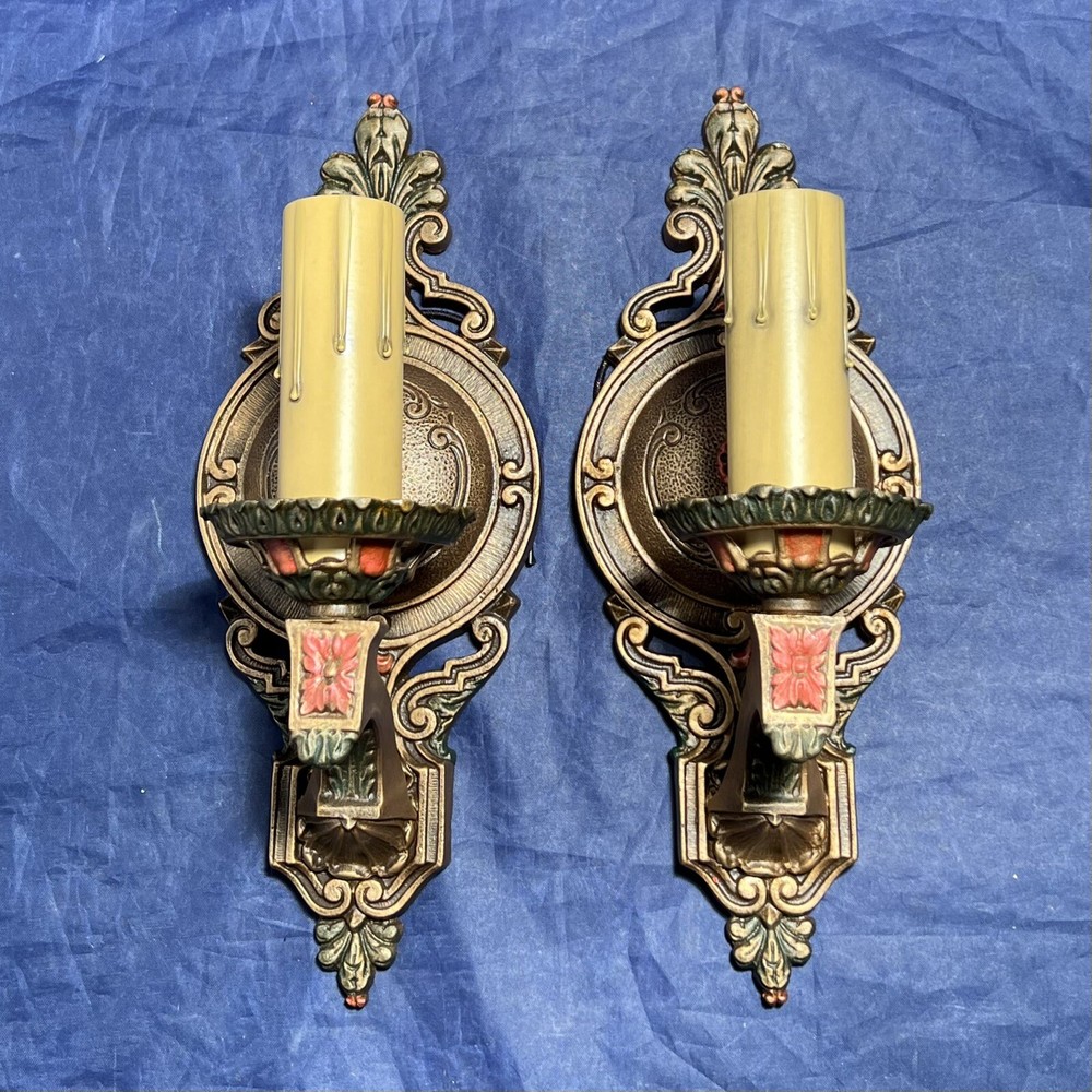 Nice Pair Polychrome Antique Wall Sconce Fixtures Rewired WOW! 100C