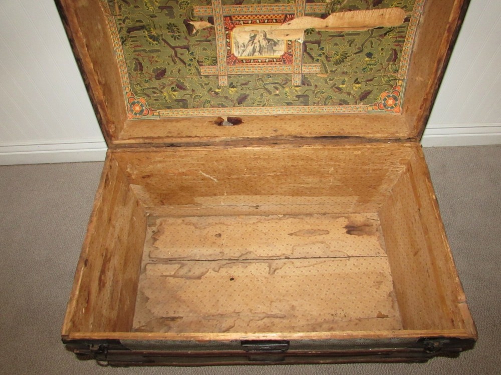 ANTIQUE DOME TOP STEAMER TRUNK, CHEST, EMBOSSED TIN