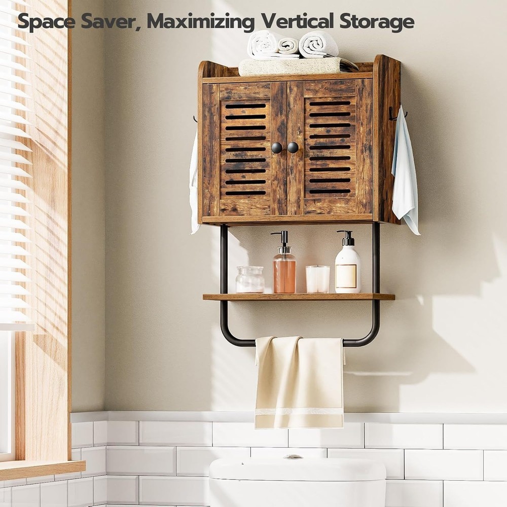 Bathroom Wall Cabinet, Double Doors Cabinet with Towel Bar, Rustic Brown
