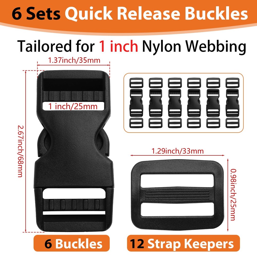 Mkobon 6 Set 1" Quick Release Buckles + 12 Strap Clips, Heavy Duty Side