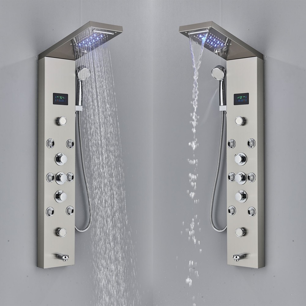 Rain&Waterfall LED Light Shower Panel Tower System Massage Jet Brushed Nickel
