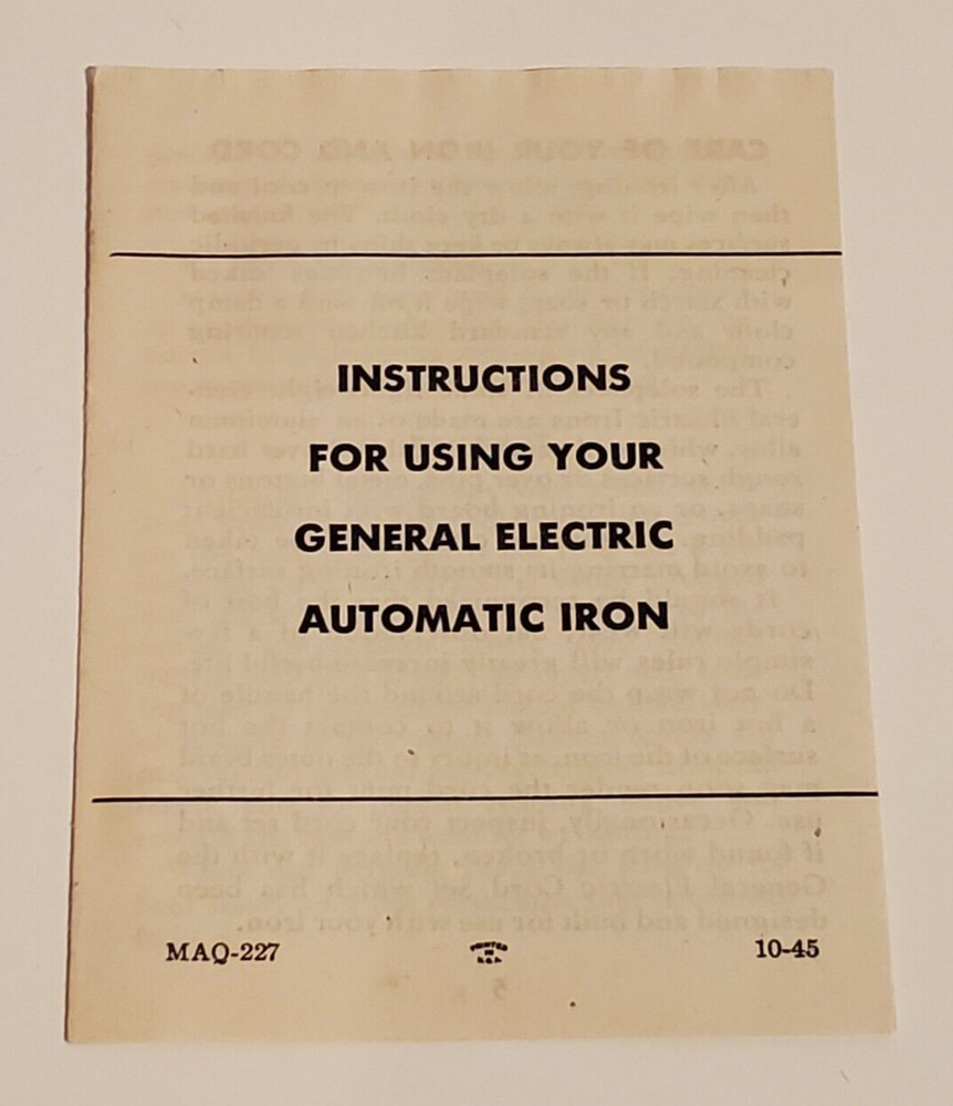 VINTAGE GENERAL ELECTRIC AUTOMATIC IRON INSTRUCTIONS PAMPHLET PAPERWORK 1945