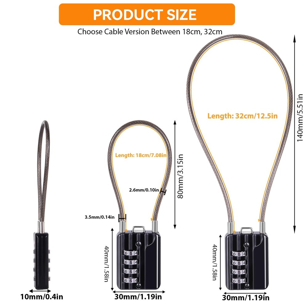 SEPOX® Compact Resettable 4-Digit Combination Padlock 30mm Cable Lock for Suitca