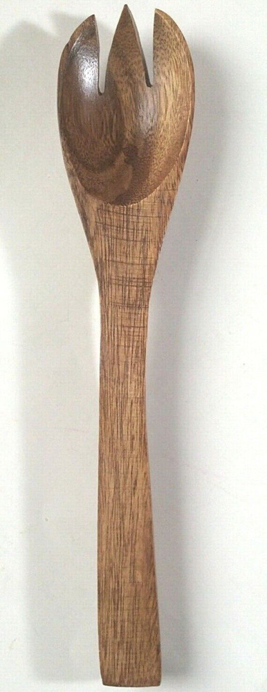 12" Wood Serving Fork Vintage Mid Century Modern Style Unmarked Rounded