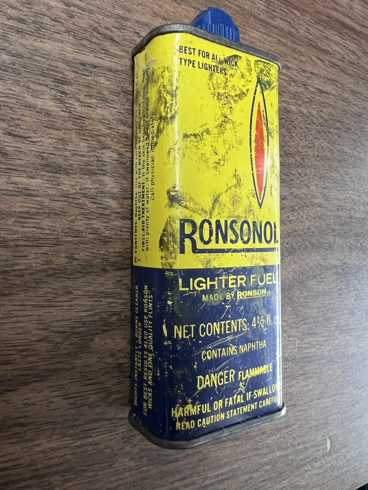 Vintage Ronsonol Lighter Fluid Tin Blue Yellow Switch Spout Empty