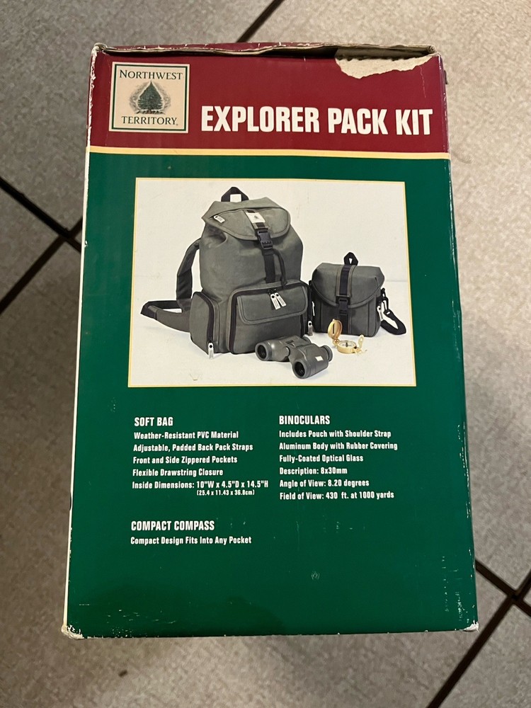 Vntg Northwest Territory Explorer Pack Kit Box Binoculars Compass Backpack Set
