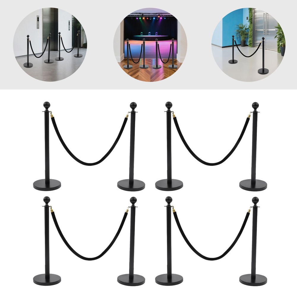 8PCS Black Stanchion Posts Queue Pole with 4 Velvet Ropes Crowd Control Barrier