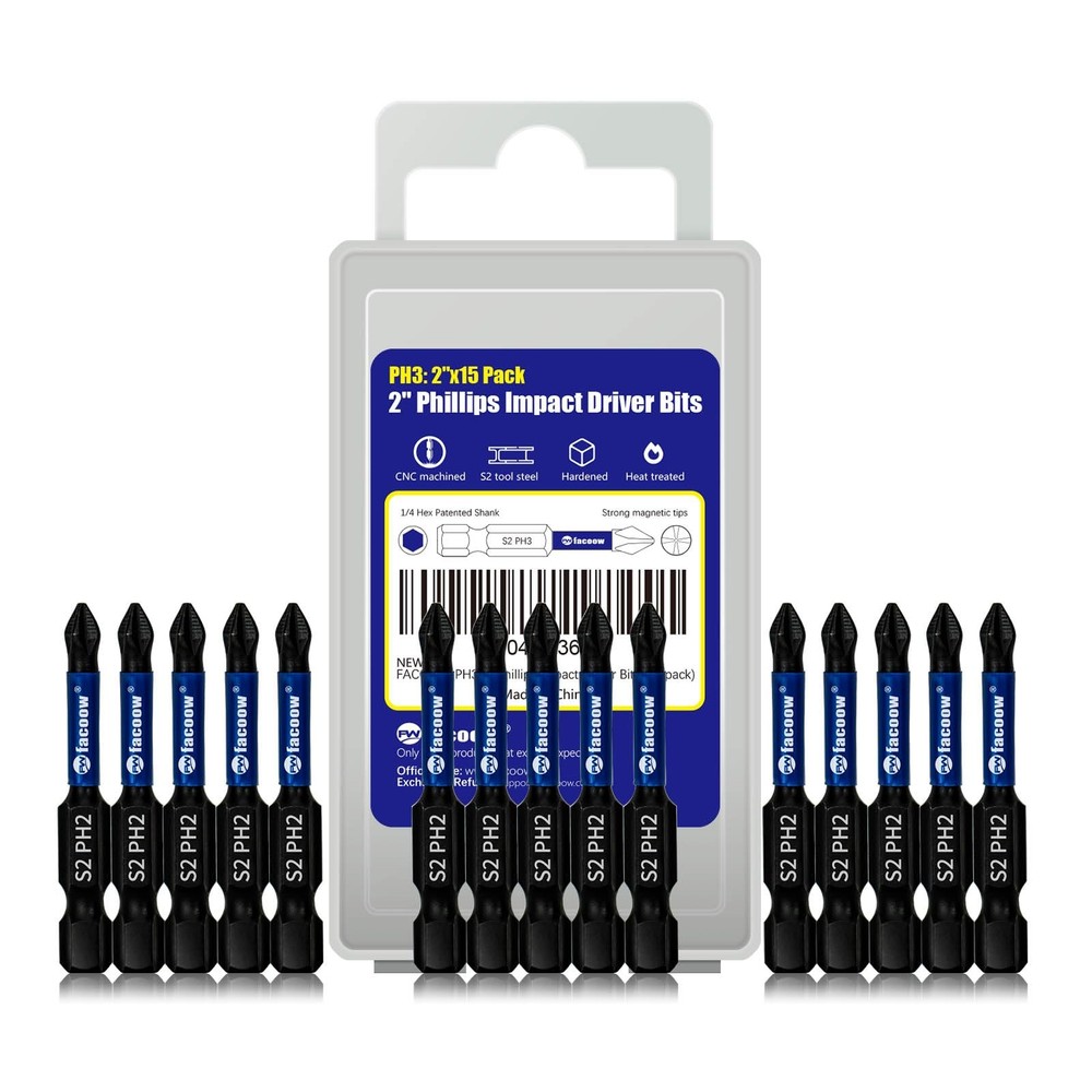 15 Pack Phillips Impact Driver Bits, #2 Phillips Head Magnetic Screwdriver Bits