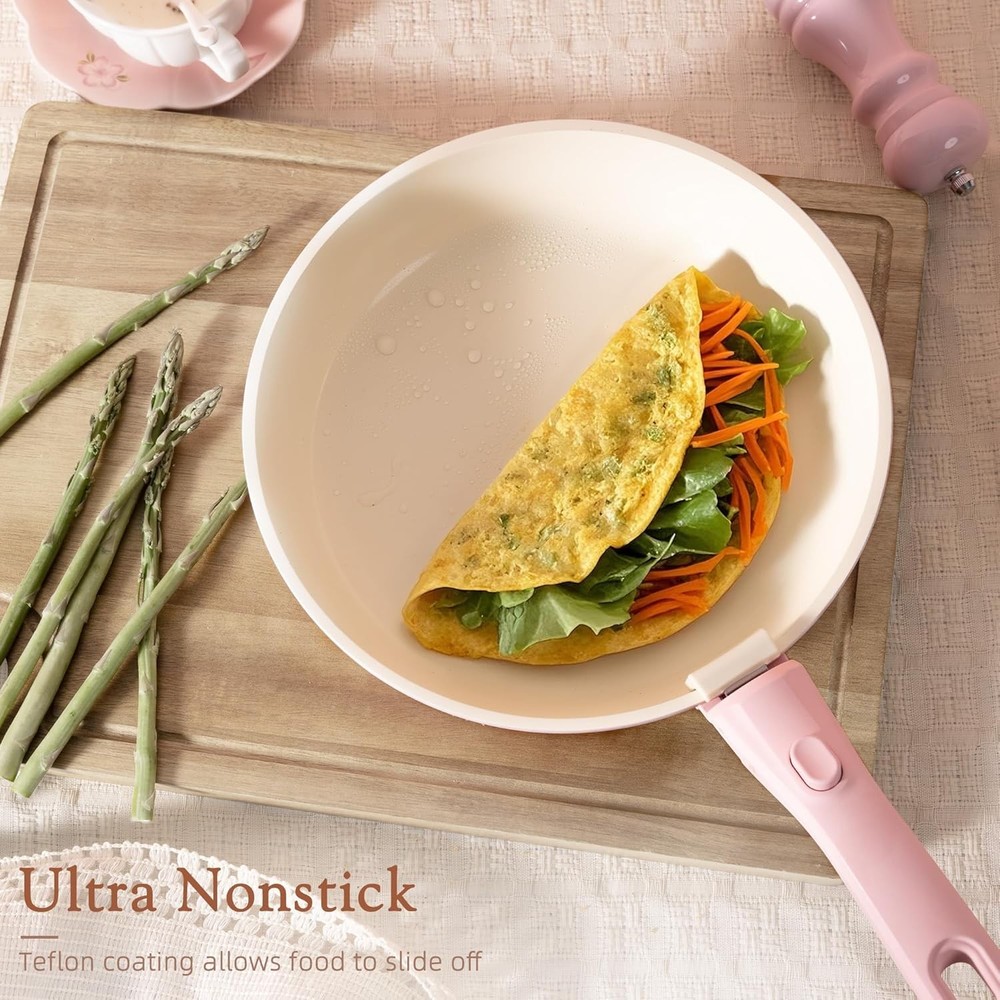 21Pc Nonstick Ceramic Cookware Set – Detachable Handle Stackable Pink