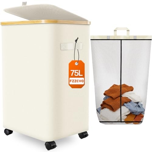Laundry Hamper with Wheels Large Clothes Hamper with Removable Inner 75L Beige