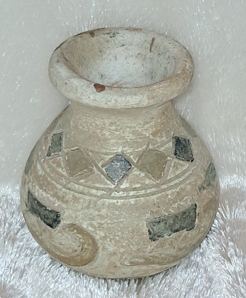Primitive Style Clay Vase has Fish Boat Diamond Pattern Painted Scraffito Small