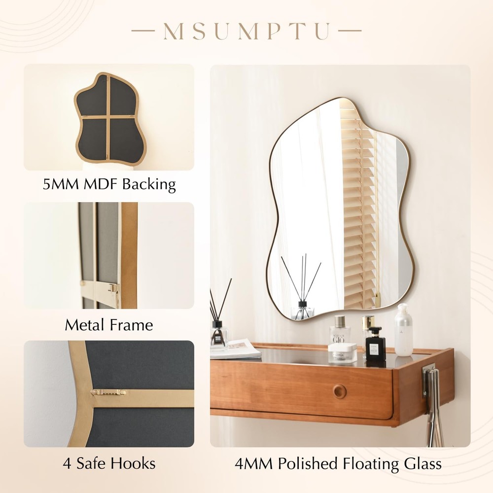 Irregular Wall Mirror Brass Wave Shaped Metal Framed Wall Mirror for Bathroom...