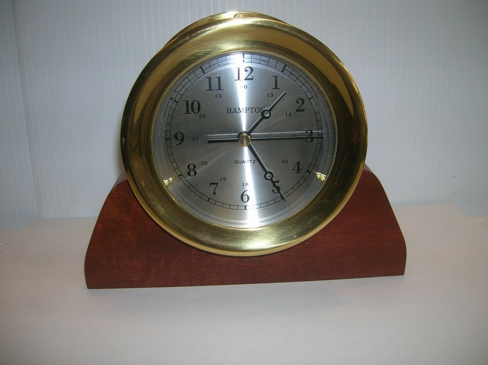 HAMPTON SHIP'S SOLID BRASS QUARTZ 4" FACE CLOCK WITH BASE. LOT # 24730
