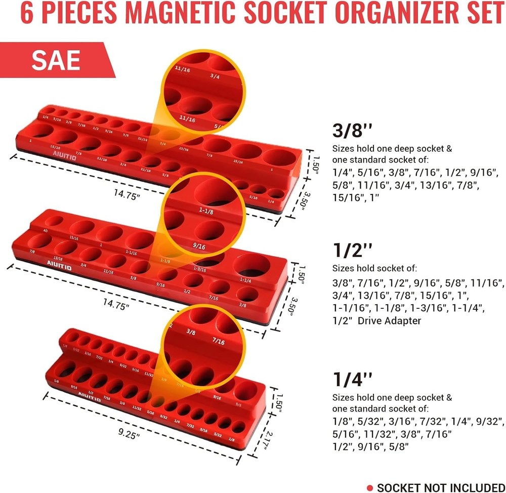Heavy-Duty Magnetic Socket Organizer for Efficient Tool Management - 6 Pieces