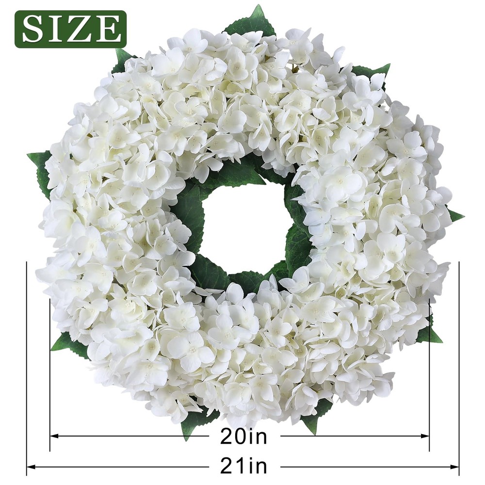 Artificial Hydrangea Wreath for Front Door, 21" Spring Summer White Flower Wr...